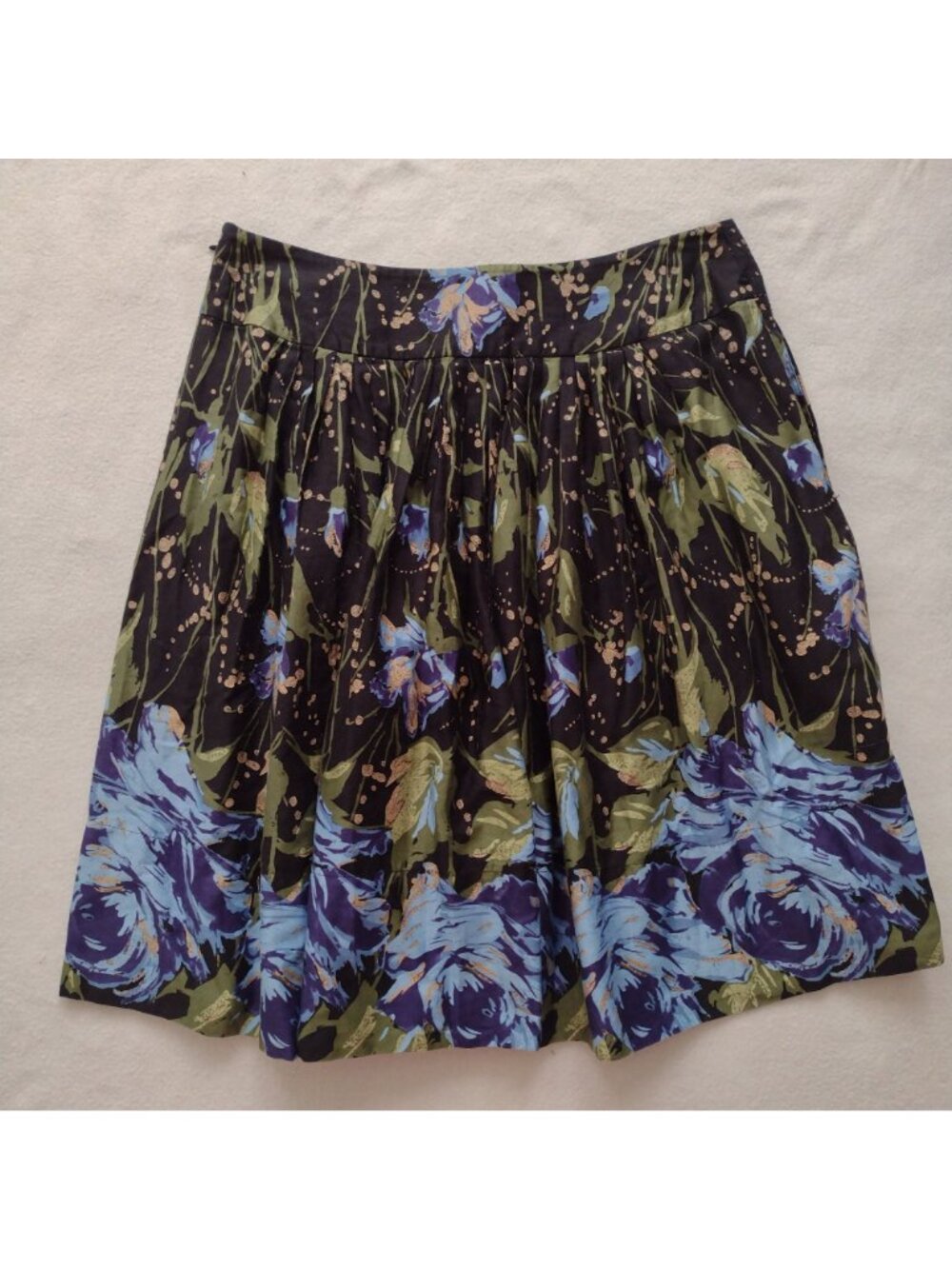 Ann Taylor Loft Floral Full Skirt S6 Black Blue Green Metallic Cotton w Pockets - Picture 8 of 9